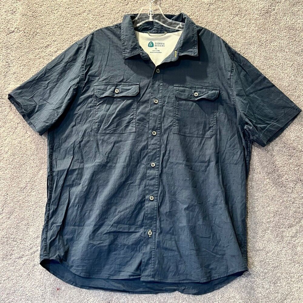 Sierra Designs Mens XL Navy Blue Ripstop Short Sleeve Tech Hiking Shirt 1679684